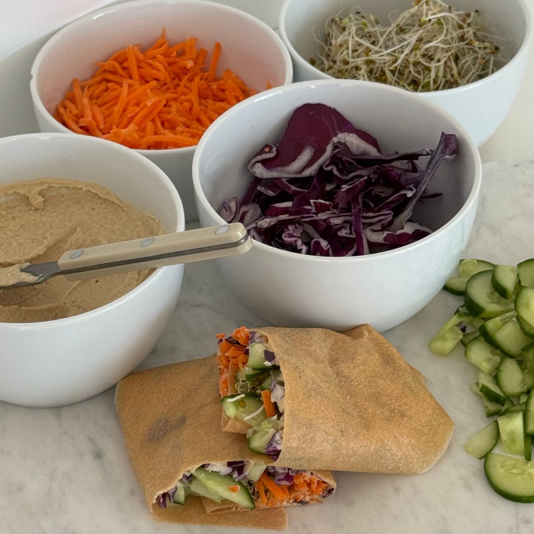 Rainbow Veggie Wrap with Hummus + Microgreens