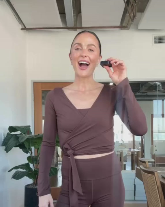Video of Megan explaining brow long-sleeve wrap top