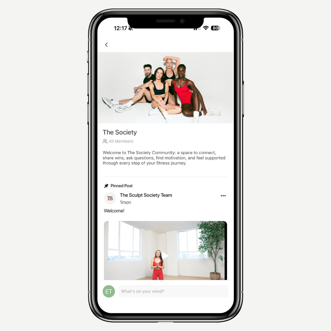 Phone screen displaying a fitness app with community feed and profile section.