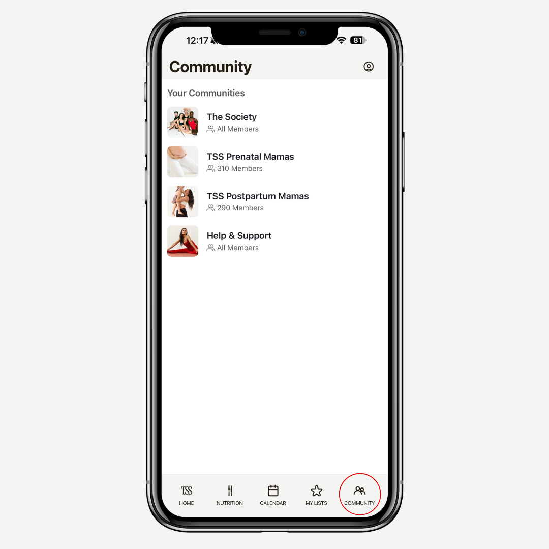 Phone displaying a community app with various groups on a white background