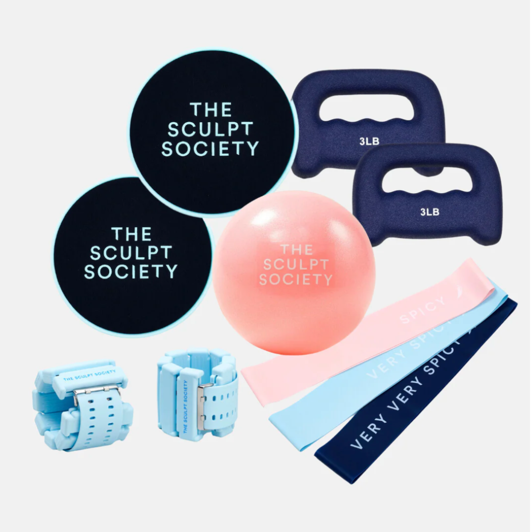 Collection of 'The Sculpt Society' fitness products including weights, resistance bands, ball, and sliders on a light gray background.