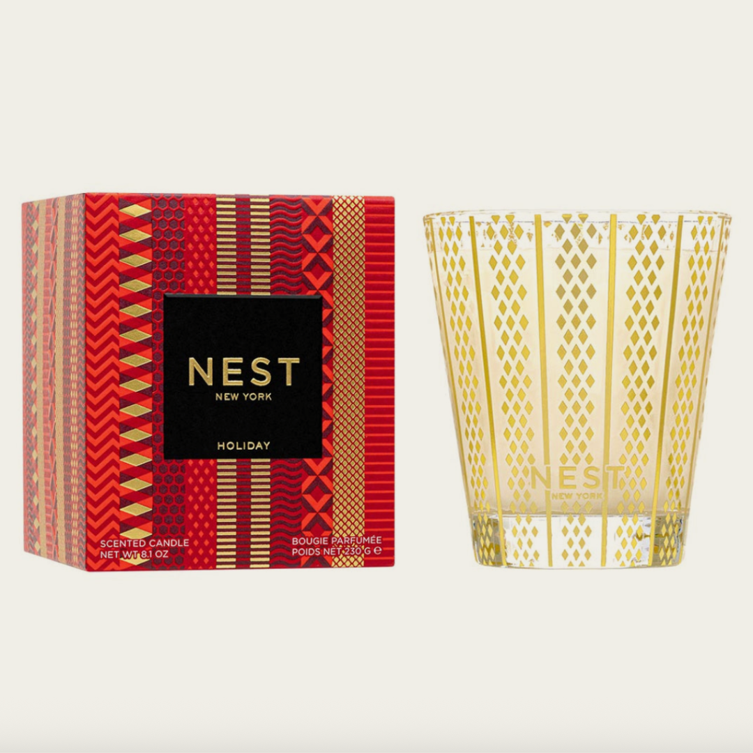 Nest New York holiday candle and packaging on a white background